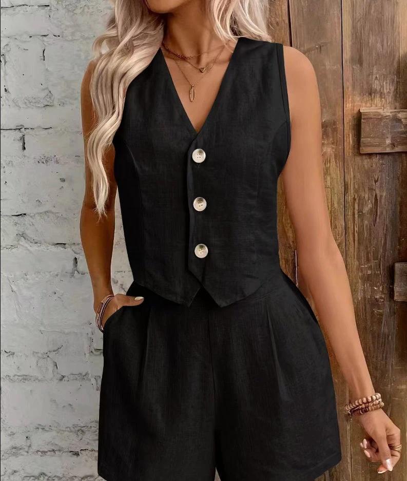 Leisure Commute Front Button Vest And Shorts Suit by GJG Denim