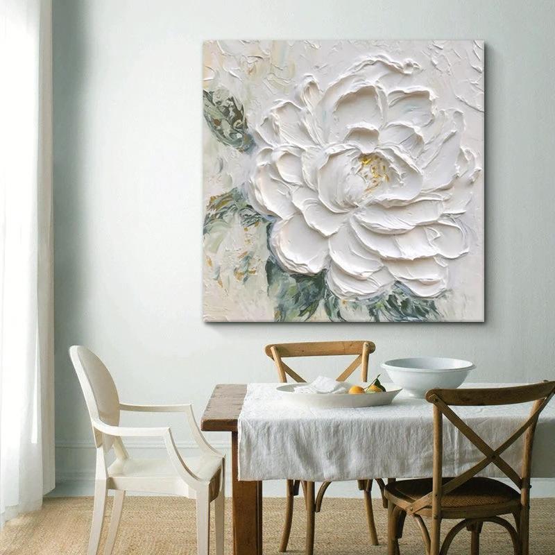 Cream Wind White Peony Flower Thick Texture Hand Drawn Oil Painting Hanging Painting by GJG Denim