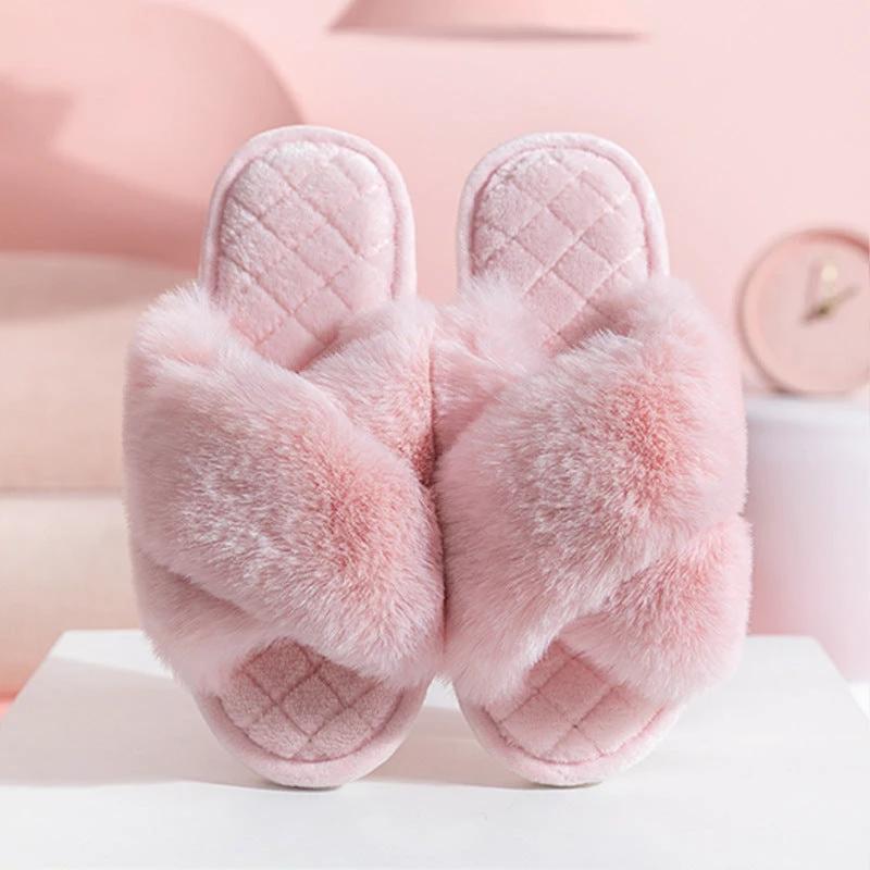 Cross-strap Furry Slippers Warm House Shoes For Women Winter Casual Flip Flops Fluffy Shoes Slides Soft Plush Home Indoor Slippers by GJG Denim