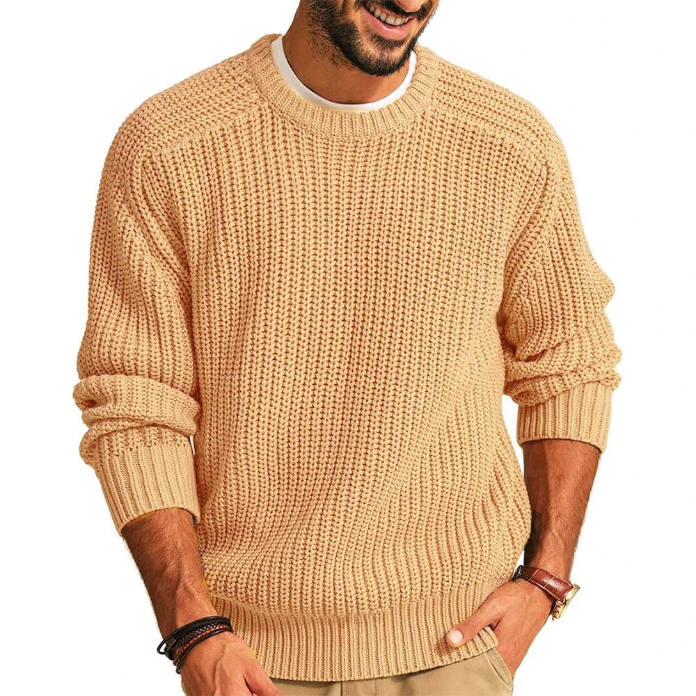 Men's Solid Color Long Sleeve Round Neck Fashion Sweater Loose Retro Sweater by GJG Denim