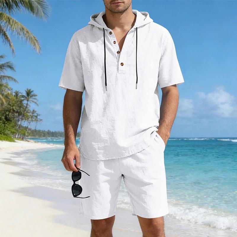 Mens Loose Breathable Linen Hooded Casual Set by GJG Denim