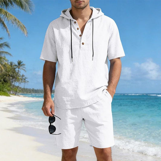 Mens Loose Breathable Linen Hooded Casual Set by GJG Denim