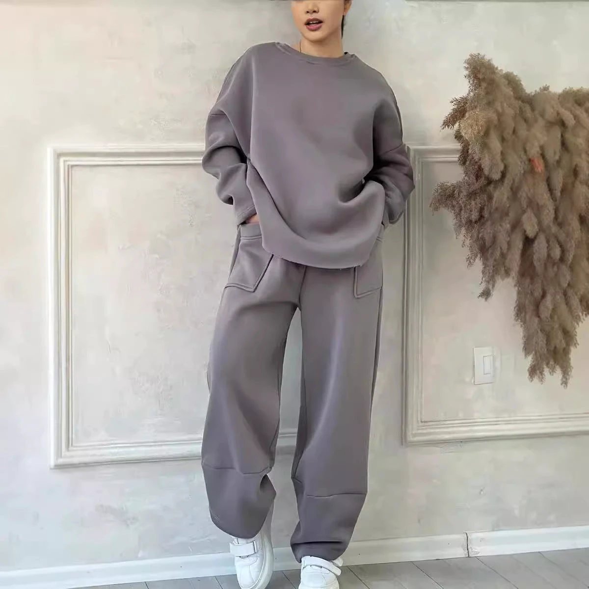 Women's Autumn And Winter Casual Loose Round Neck Long-sleeved Sweater Trousers Suit by GJG Denim