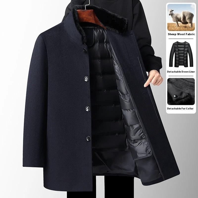 Men's Wool Overcoat Mid-length Thickening Detachable Down Feather Liner by GJG Denim