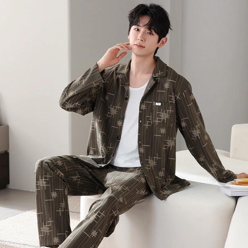 Men's Pure Cotton Long Sleeved Pajamas by GJG Denim