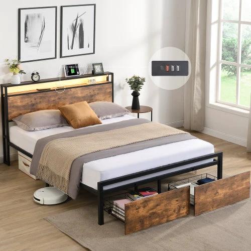 Queen Size Bed Frame With Storage Headboard And 2 Drawers, LED Lights Bed With Charging Station by GJG Denim