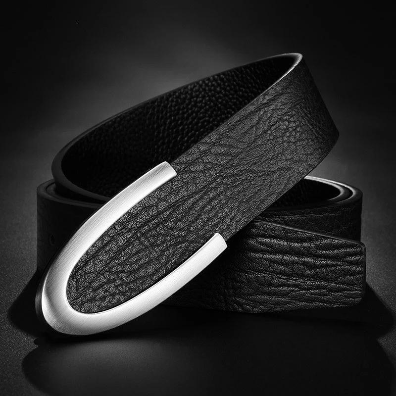 Men's Leather Smooth Buckle First Layer Cowhide Belt by GJG Denim