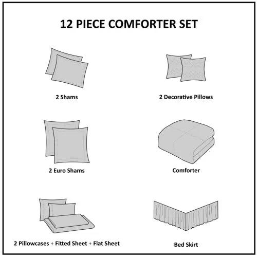 12 Piece Comforter Set With Cotton Bed Sheets Blue King by GJG Denim