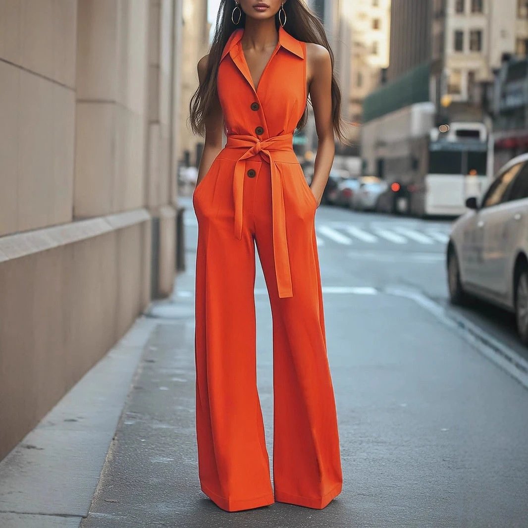 Women's Blouse Collar Solid Color Wide Leg Jumpsuit by GJG Denim