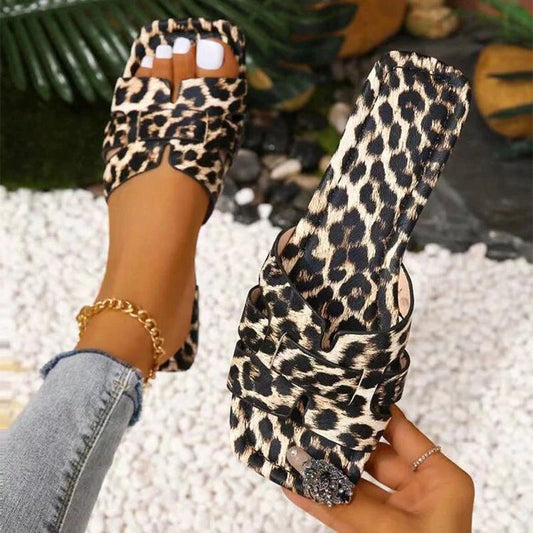 Leopard Print Square Toe Casual Sandals by GJG Denim
