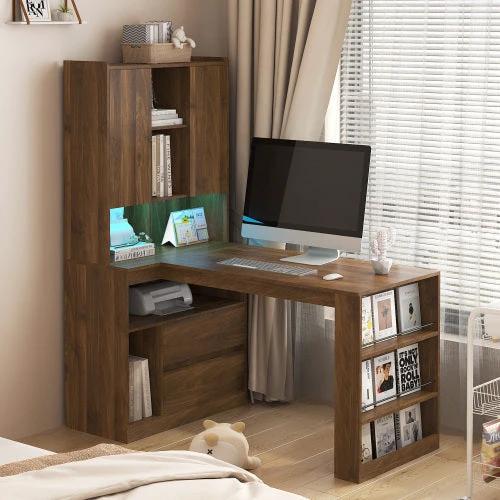 L Shaped Desk,Computer Desk With Drawers, Bookshelf, with LED Light, Modern Corner Desk by GJG Denim