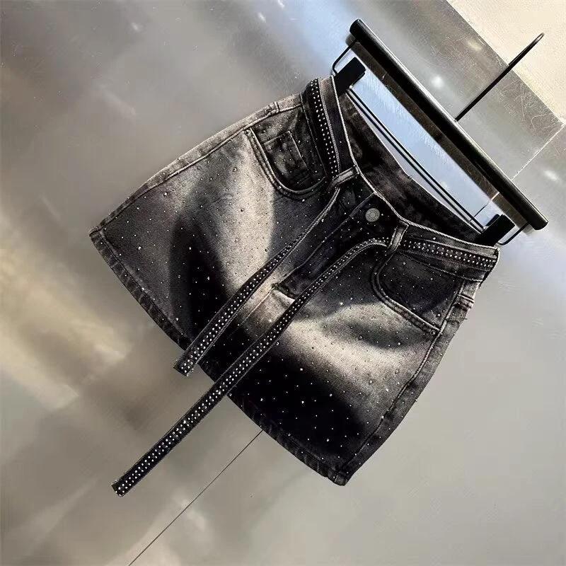 Summer New Rhinestone Five-point Denim Wide Leg A- Line Skirt by GJG Denim