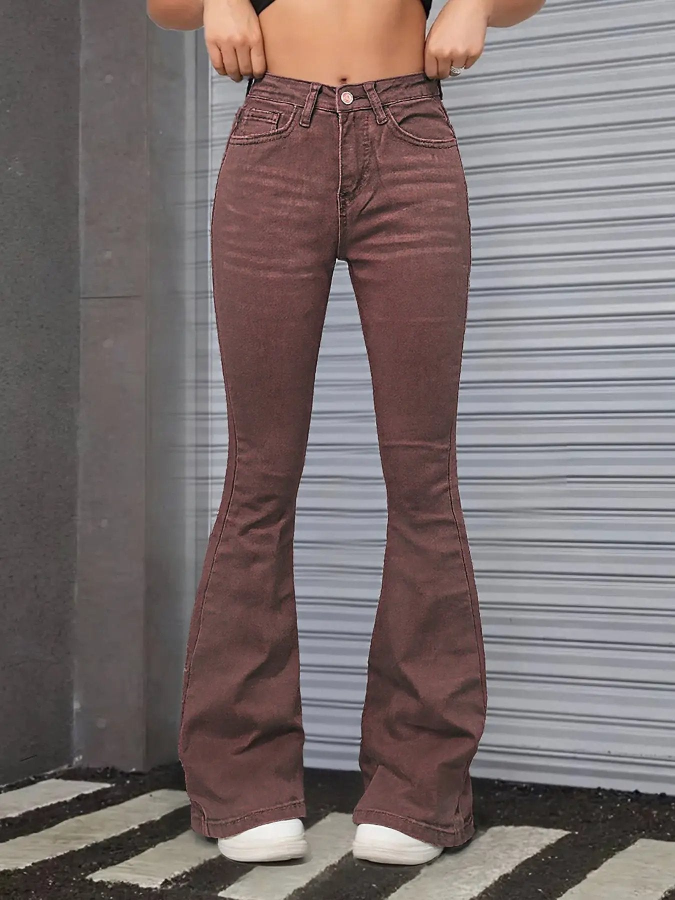 Women's Brown High Rise Flare Jeans, Washed Stretchy Bell Bottom Denim Pants by GJG Denim
