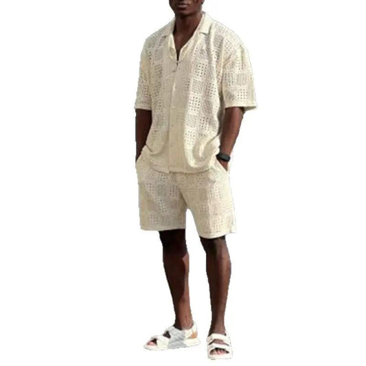 Mens Hollow-Out Lapel Button-Up Shirt And Loose Casual Shorts Set by GJG Denim