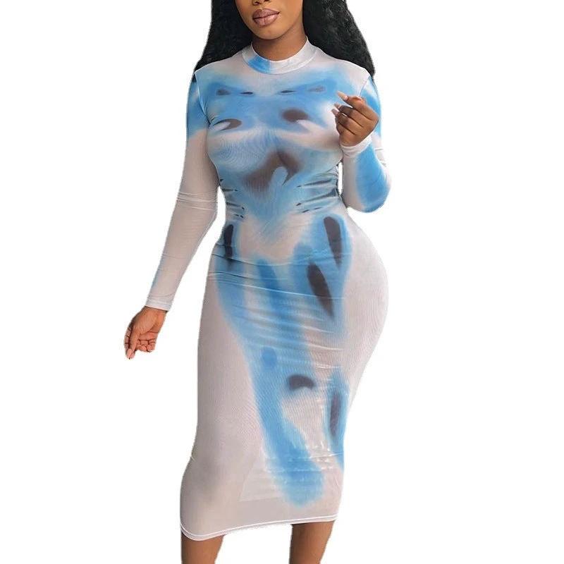 New Street Print Round Neck High Waist Pullover Long Sleeve Slim Wrap Buttock Long Dress For Women by GJG Denim