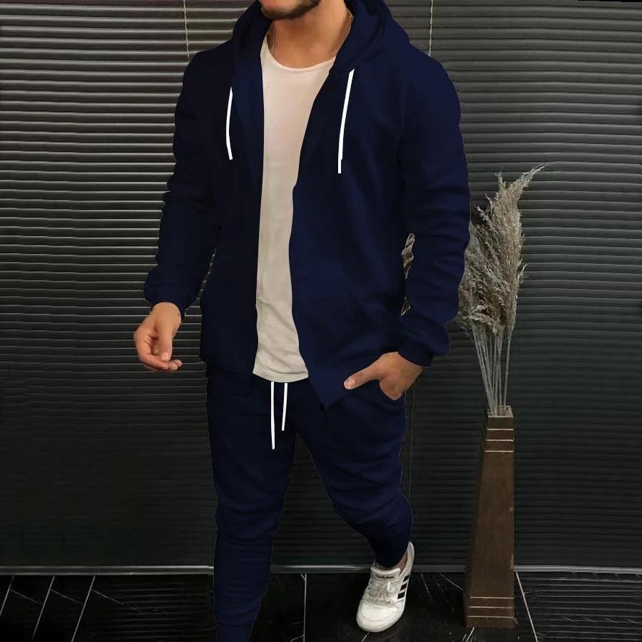 Mens Fashion Solid-Color Casual Hooded Cardigan Set by GJG Denim