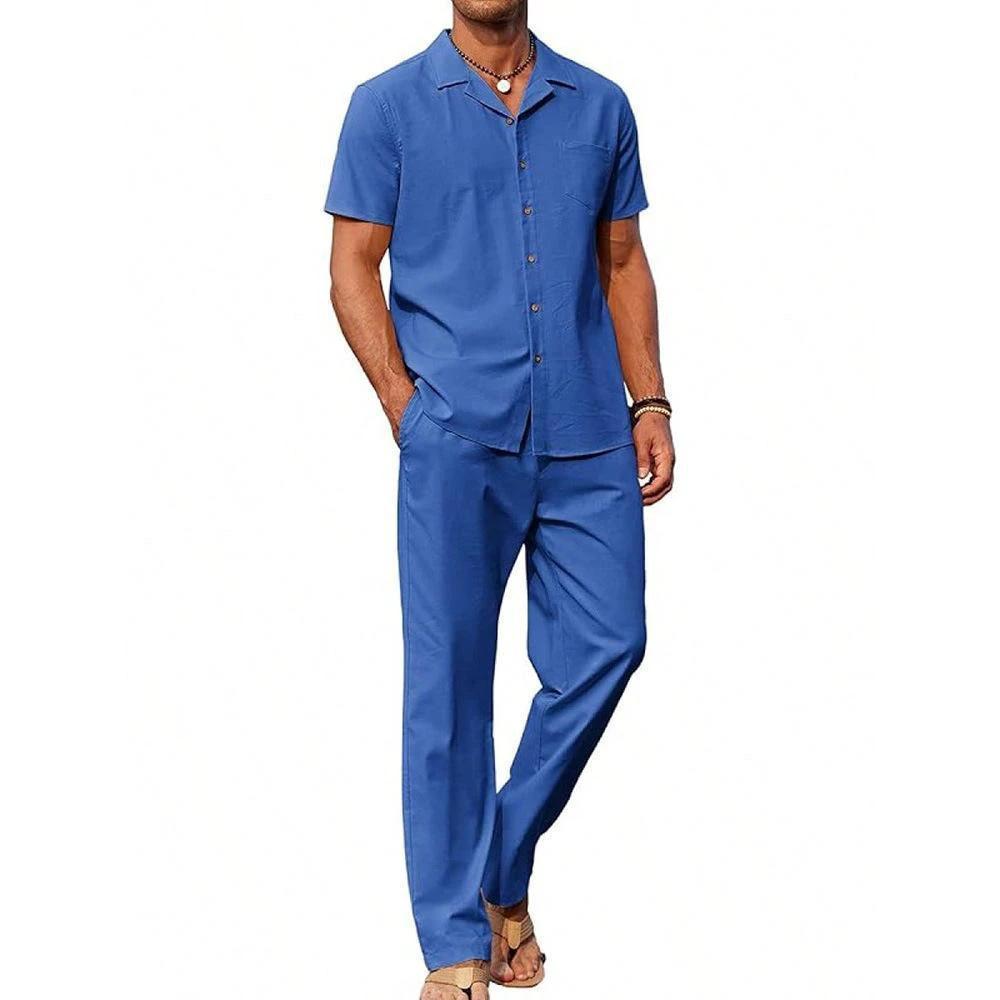 Men's Vintage Short-sleeve Shirt And Casual Trousers Two-piece Set by GJG Denim