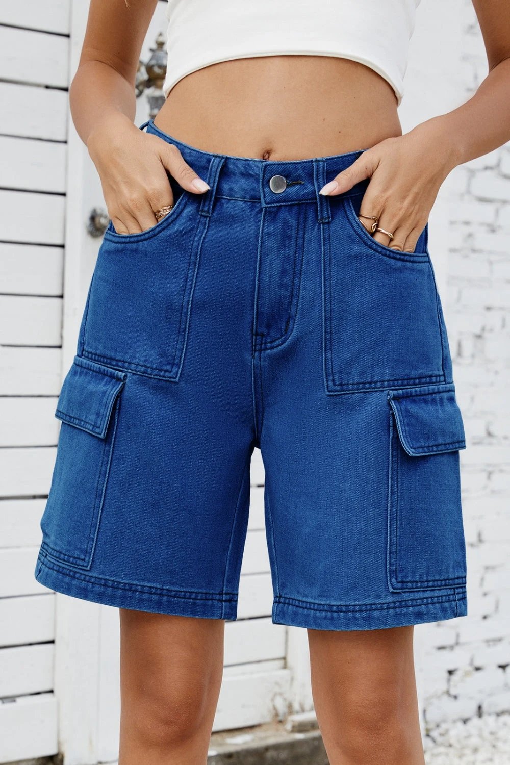 High Rise Denim Shorts with Cargo Pockets by Lady Ros
