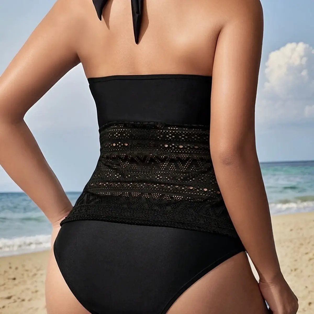 European And American-style Lace-up Spliced Sexy Figure-hugging One-piece Swimsuit by GJG Denim