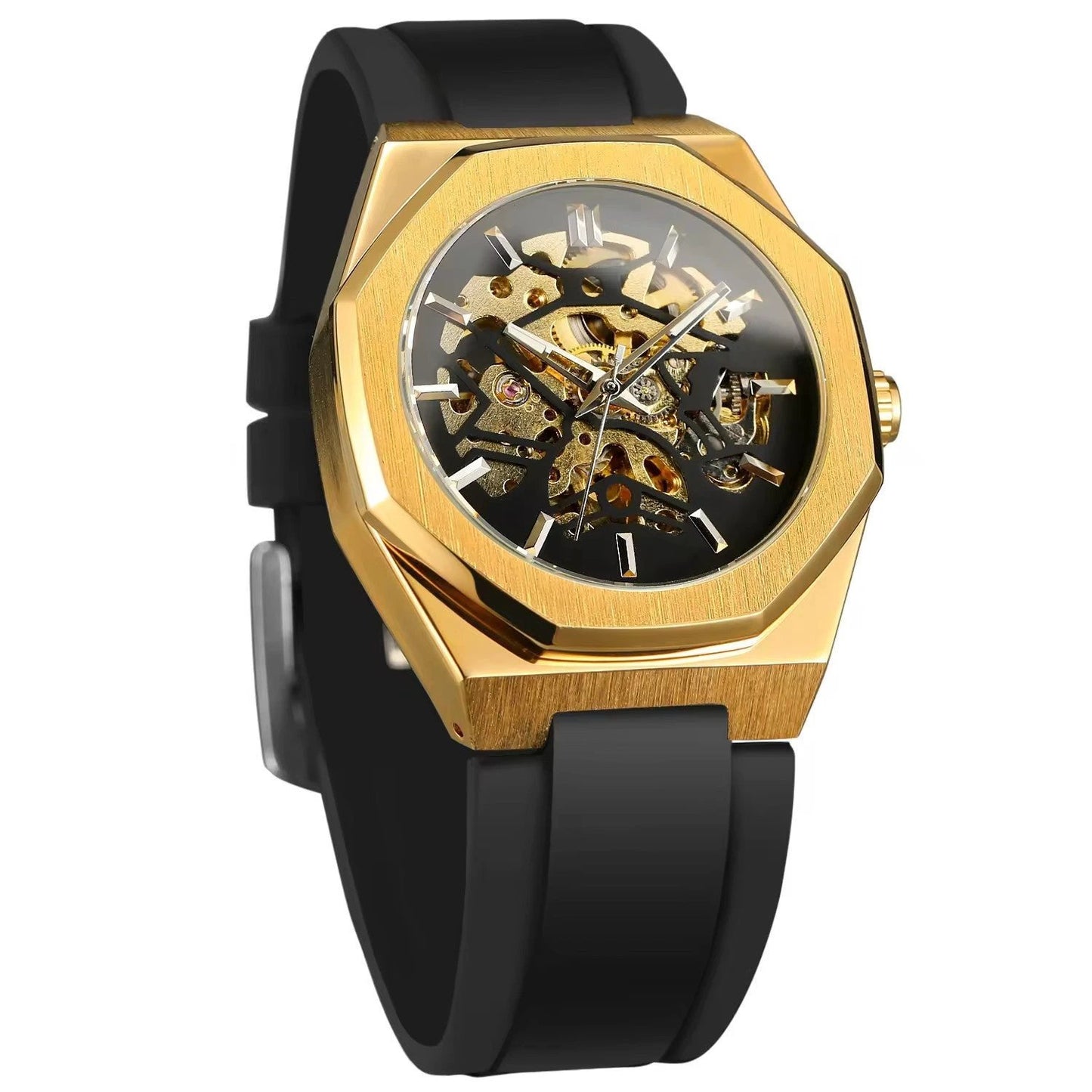 Casual Silver Hollow Skeleton Rubber-band Automatic Mechanical Watch For Men by GJG Denim