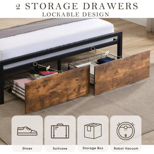 Queen Size Bed Frame With Storage Headboard And 2 Drawers, LED Lights Bed With Charging Station by GJG Denim