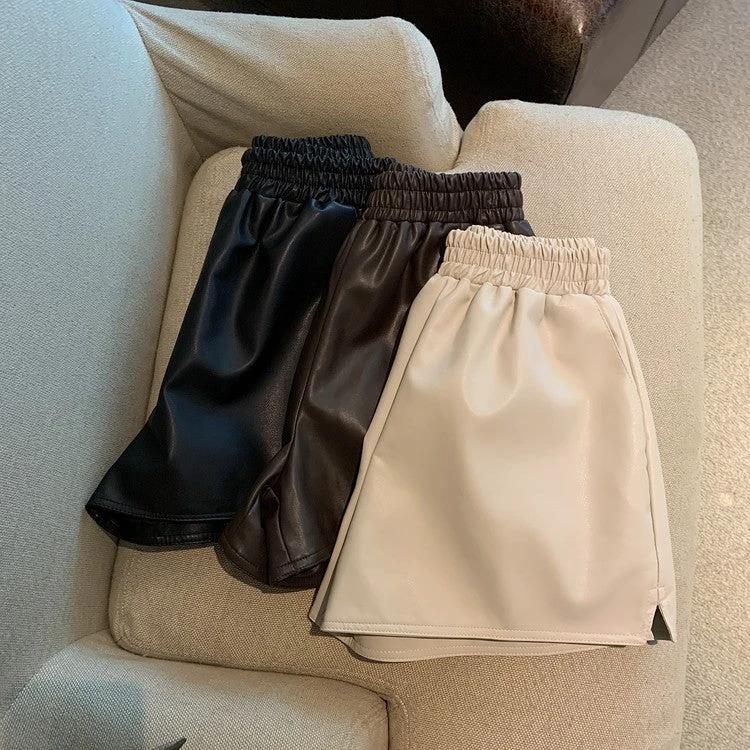 Pu Leather Shorts Women High Waist Loose Split Casual Pants by GJG Denim