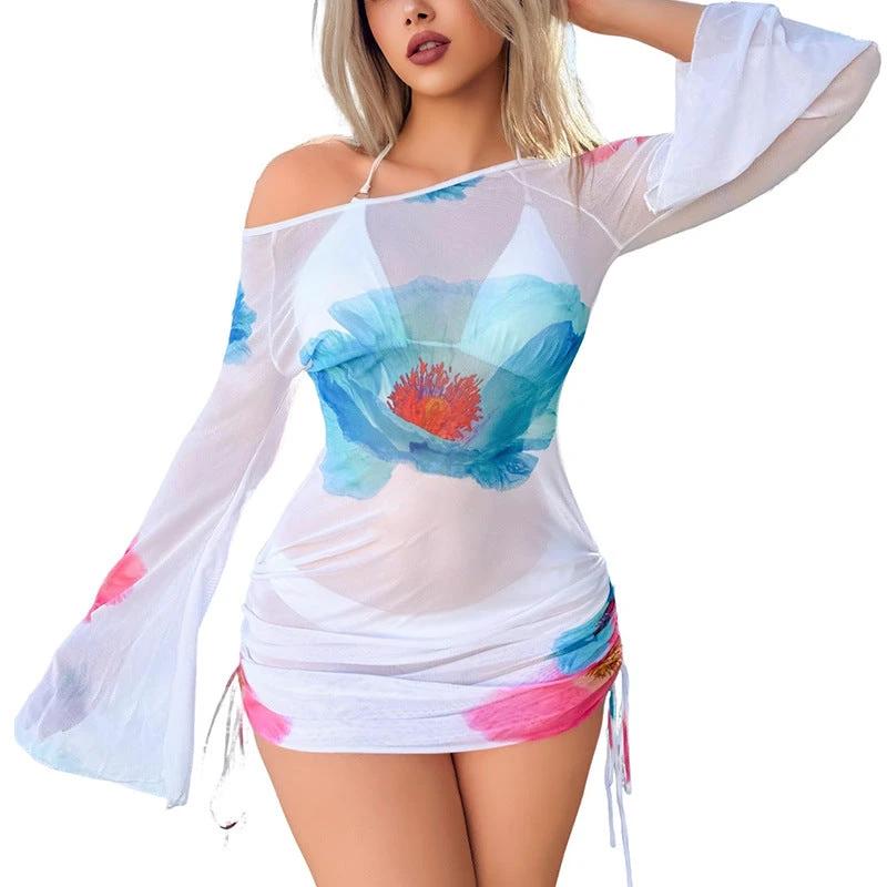 Mesh Long-sleeve Flared-sleeve Short cover up dress by GJG Denim