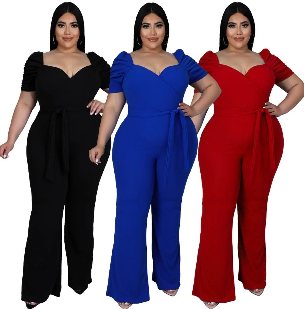 Women's Plus-Size Stand Collar Ruffle Sleeve High-Waist Jumpsuit Wide-Leg Pants by GJG Denim