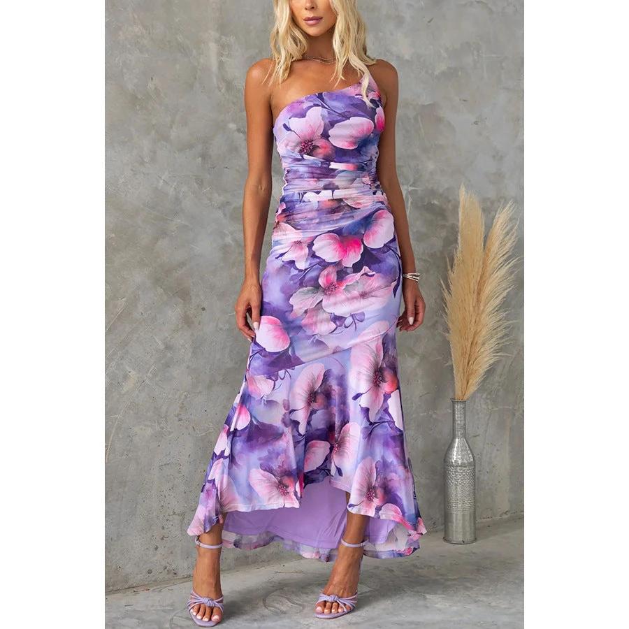Flowers Print One-shoulder Dress Summer INS Casual Suspender Long Dresses Womens Clothing by GJG Denim