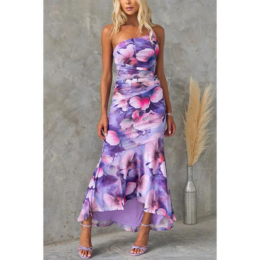 Flowers Print One-shoulder Dress Summer INS Casual Suspender Long Dresses Womens Clothing by GJG Denim