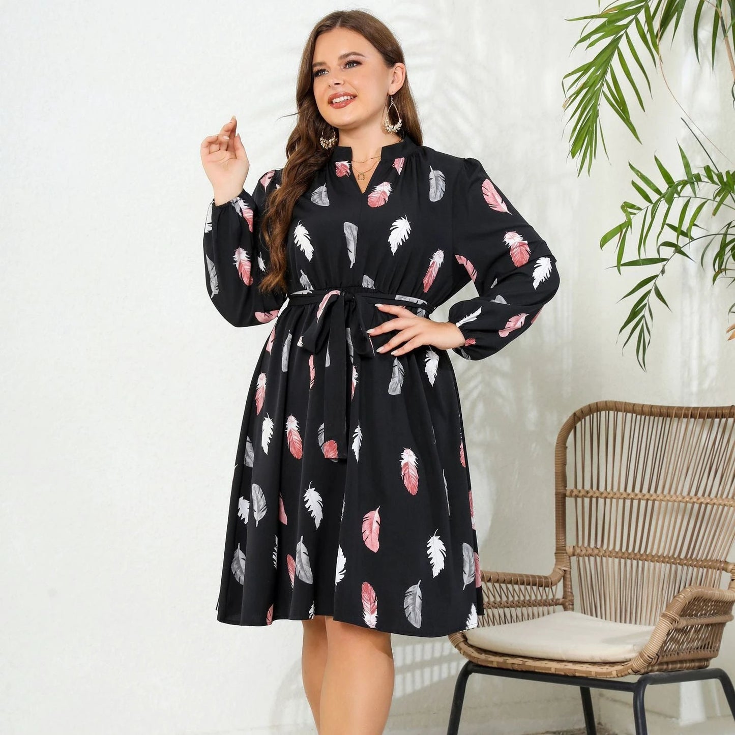 Printed Long Sleeve Waist-tight European And American Plus Size Dress by GJG Denim