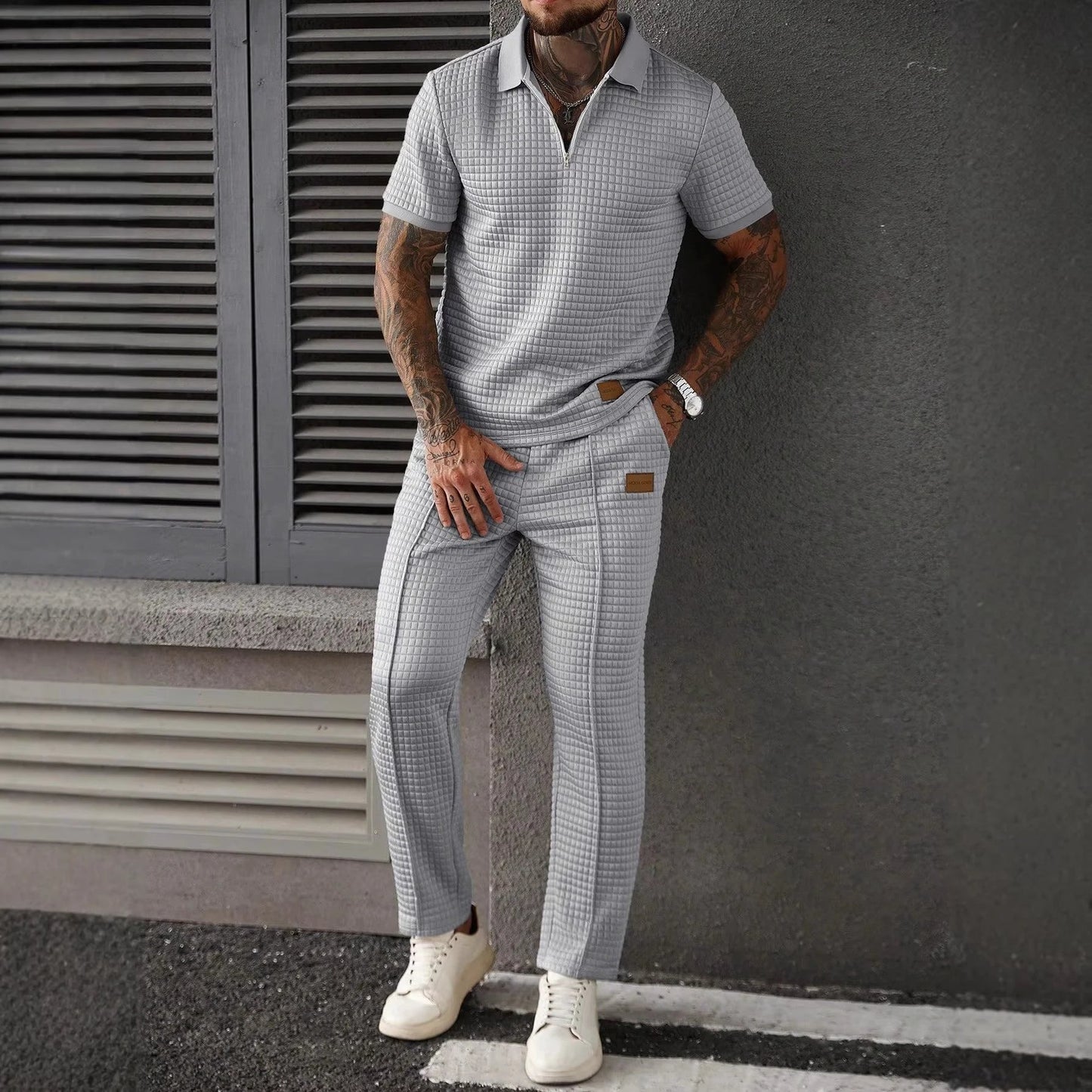 Casual Zip-Up Polo Shirt Top And Pants Two-Piece Set For Men by GJG Denim