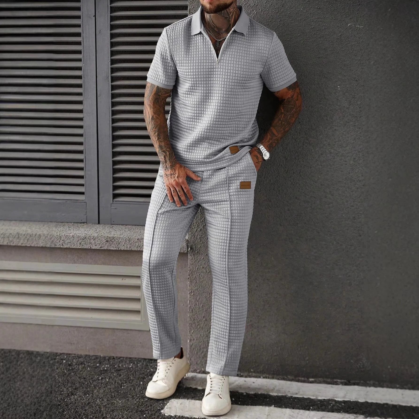 Casual Zip-Up Polo Shirt Top And Pants Two-Piece Set For Men by GJG Denim