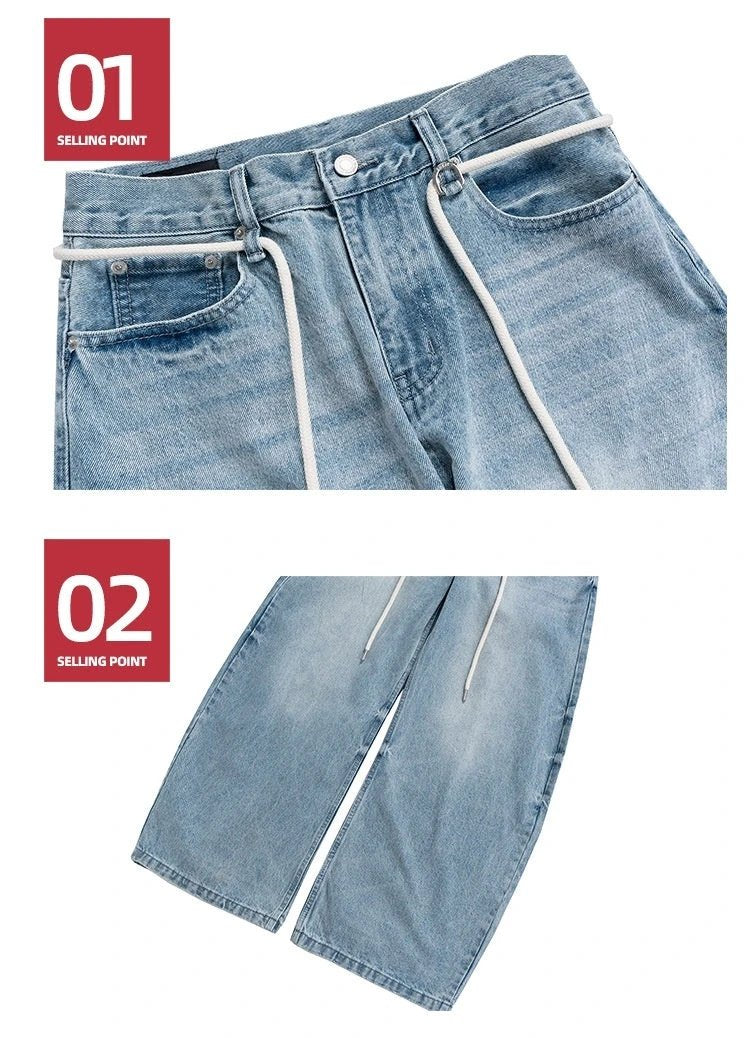 Retro Trousers Same Washed Vintage Washed Jeans With Drawstring Belt by GJG Denim