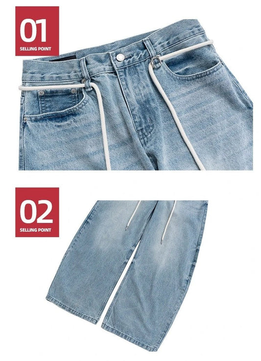 Retro Trousers Same Washed Vintage Washed Jeans With Drawstring Belt by GJG Denim