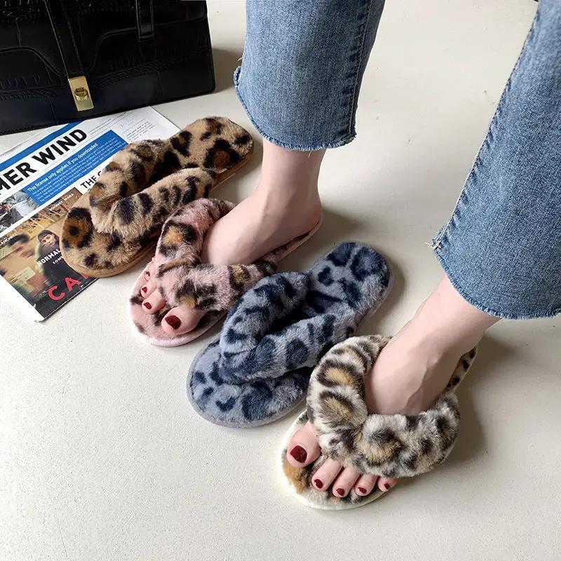 New Leopard Cross Fluffy Slippers Women's Home Indoor Fashion Plush Cotton Slippers Flip-flops Women by GJG Denim