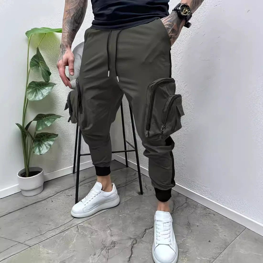 Casual Zipper Multi-pocket Color Matching Tapered Pants For Men by GJG Denim