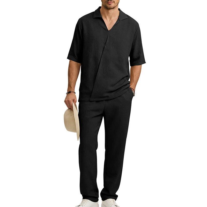 Men's Lapel Short Sleeve Shirt And Pants Suit by GJG Denim