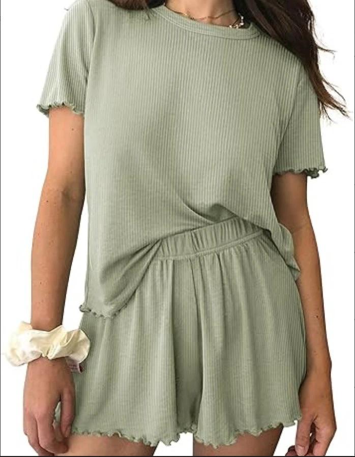 Relaxed Casual Cre Neck Short Sleeve Top And Shorts Set by GJG Denim
