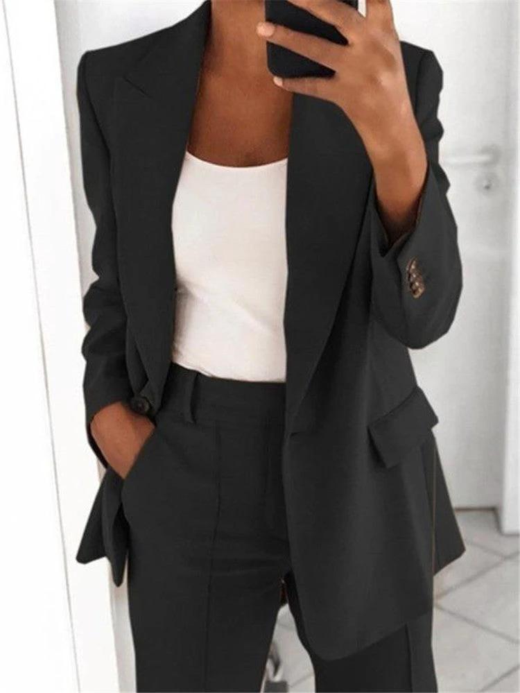 Ins Button Casual Suit Fashion Long-sleeved Lapel Blazer Jacket And Slim-fit Pocket Trousers For Women Clothing by GJG Denim
