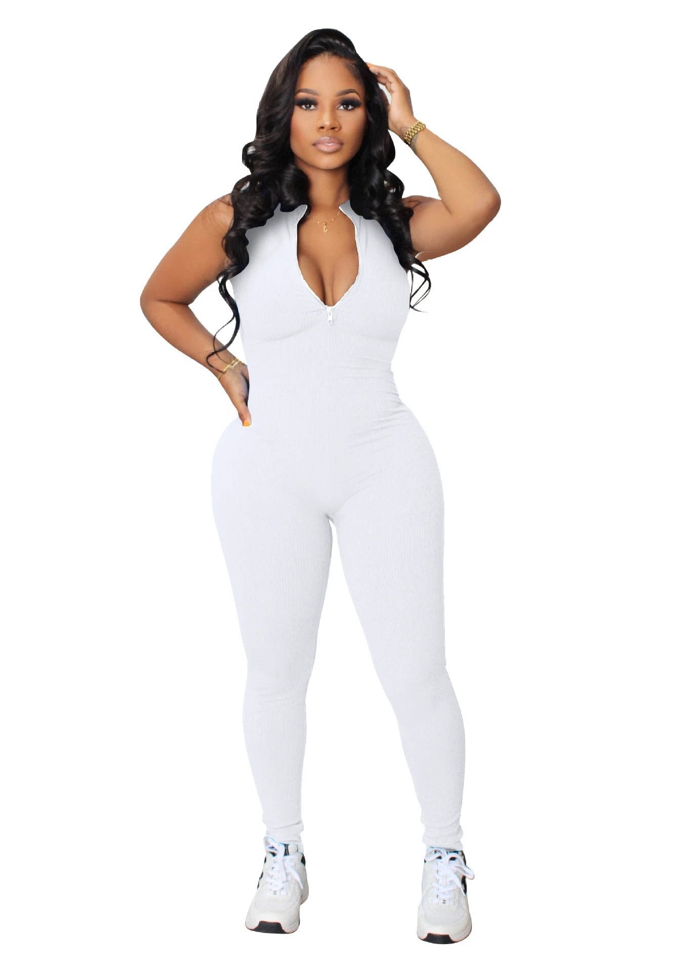 Women's Solid Color Stretch Small Sunken Stripe Zipper Jumpsuit by GJG Denim
