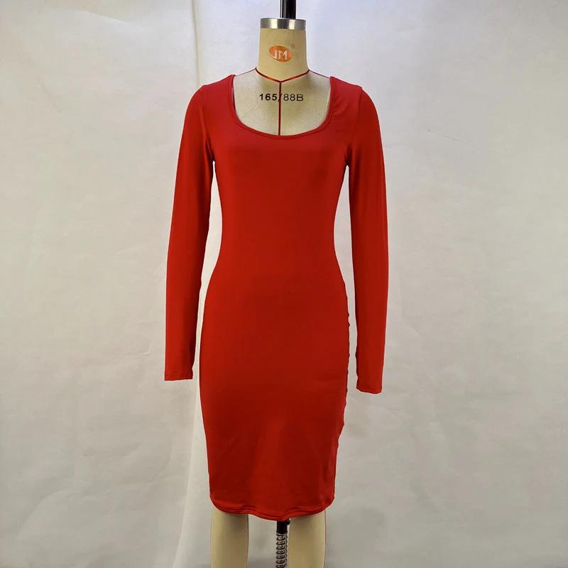 Fashion Square Collar Long Sleeve Solid Color Waist Tight Slimming Sheath Dress by GJG Denim