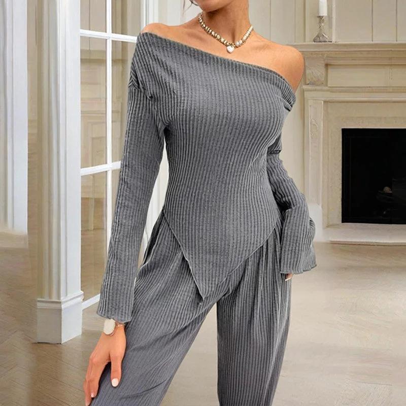 Women's Solid Color Off-Shoulder Long Sleeve Top & Pants Set - Elegant Asymmetrical Hem & Ruffes Cuff Casual Outfit by GJG Denim