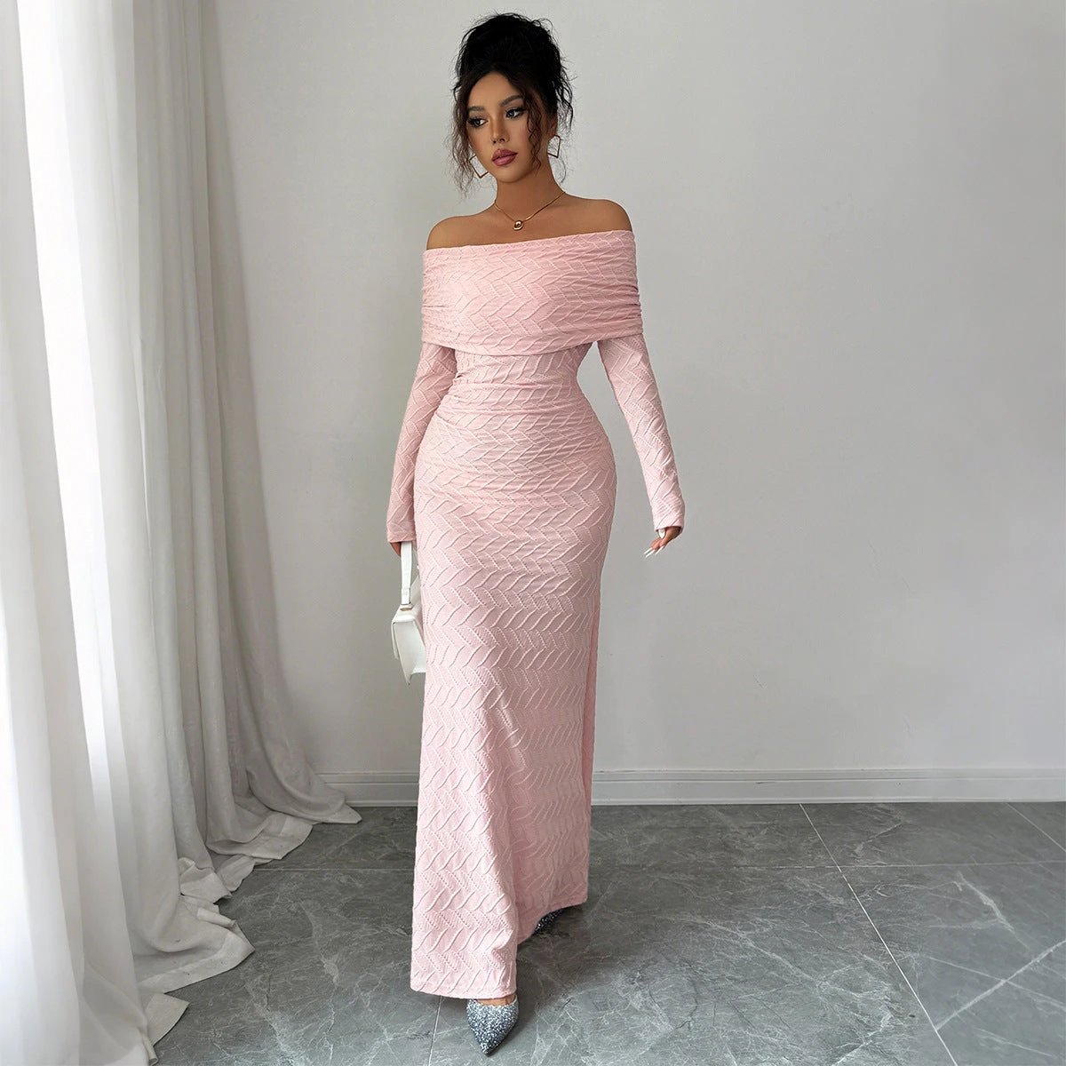 Elegant Simple Off-shoulder Long Sleeve Dress Women's Clothing by GJG Denim