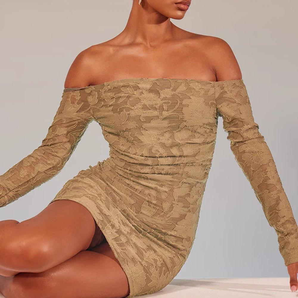 Women's Autumn High Elastic 3D Flower Cutout Backless Off-shoulder Long Sleeve Dress by GJG Denim