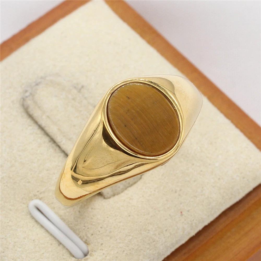 Fashionable Minimalist Oval Gemstone Ring In Cool-toned Titanium Steel For Men by GJG Denim