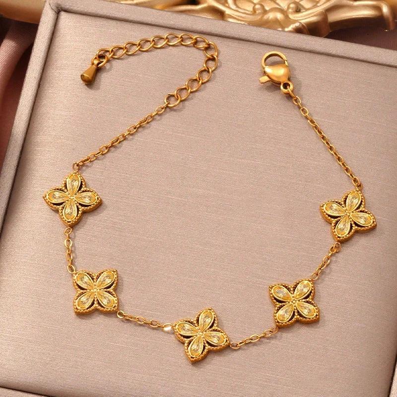 Small Flowers Inlaid Zircon Bracelet For Women by GJG Denim