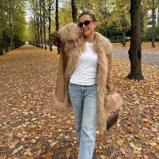Stylish Mid-Length Suede And Fur Patchwork Coat by GJG Denim