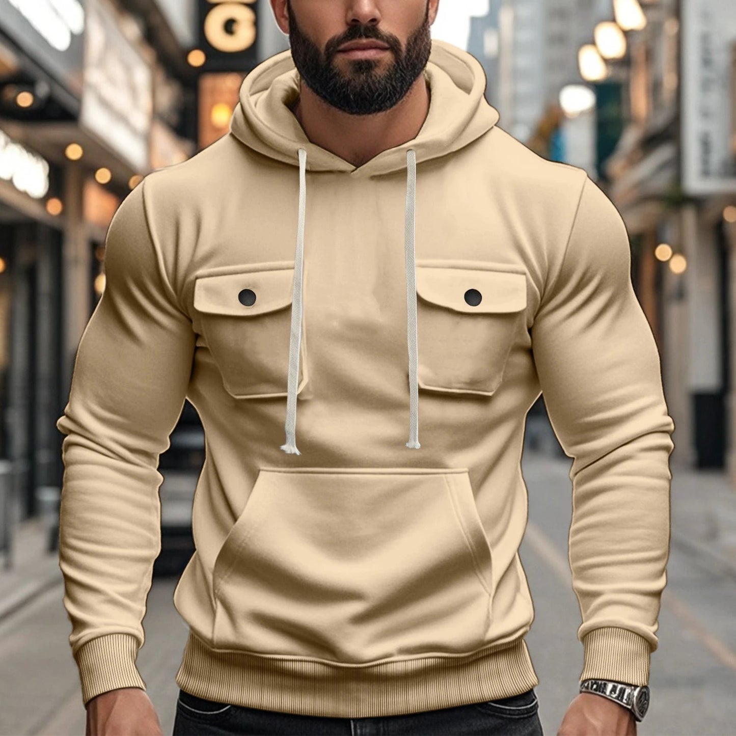 Men's Multi-pocket Long Sleeve Solid Color Hoodies by GJG Denim