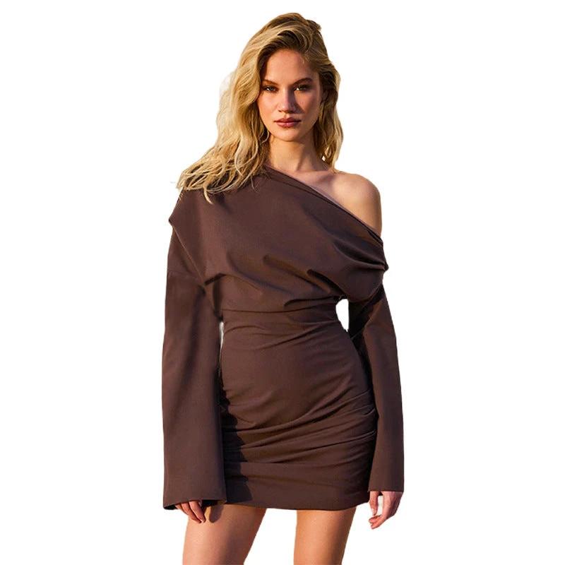 Solid Color Long Sleeve Off-the-shoulder Upper Body Loose Short Dress by GJG Denim